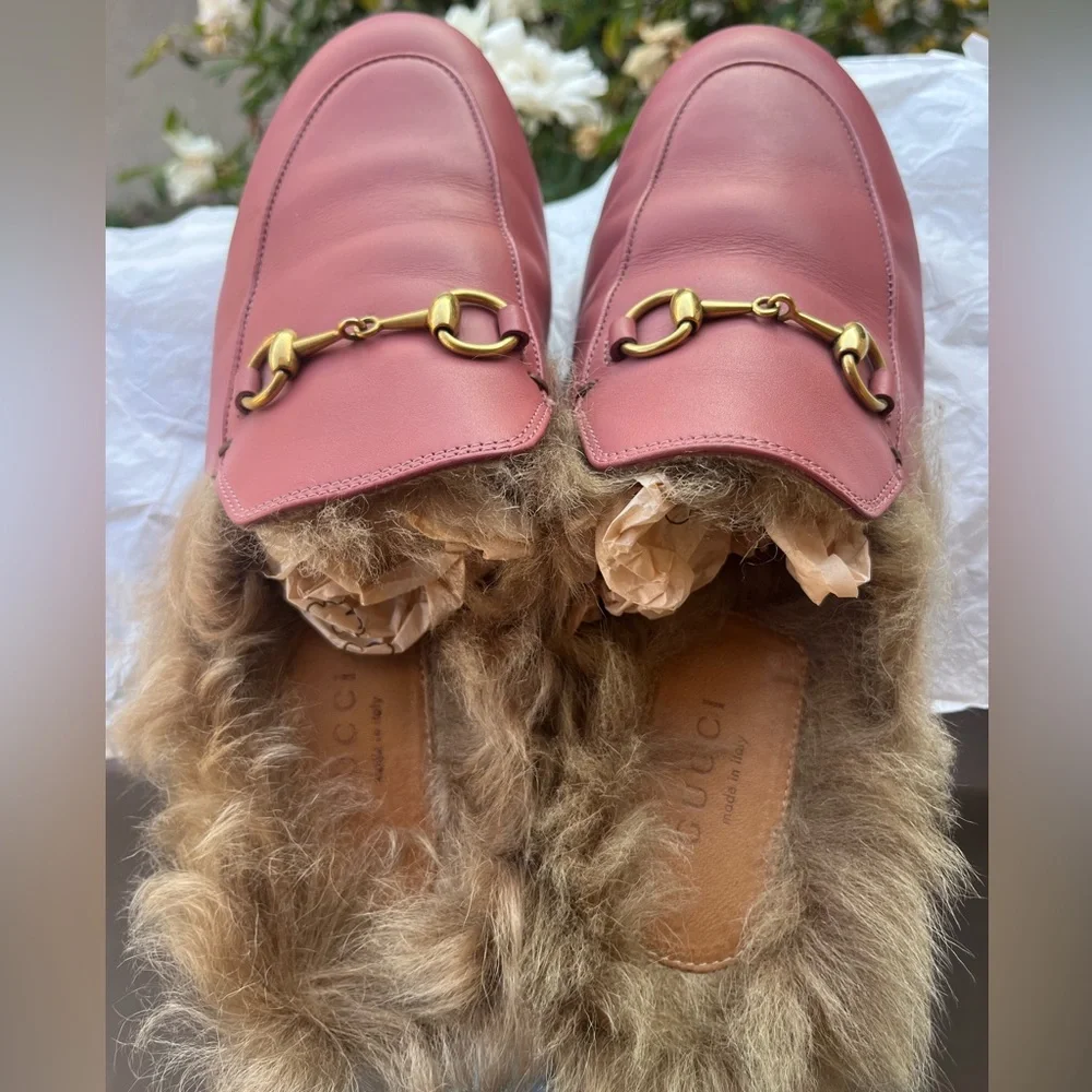 Gucci Pink Leather Fur-Lined Horsebit Mules - Picture 5 of 8